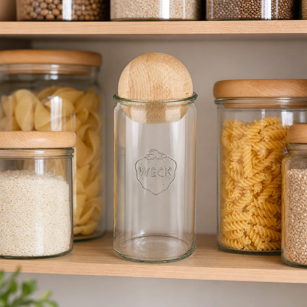 1590ml cilinderglas WECK RR100 met houten bal WECK cilinderpot 1590ml RR100 met houten bal in een georganiseerde opbergkeuken naast rijst, pasta en andere etenswaren