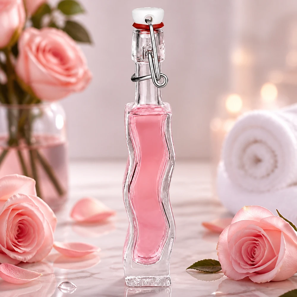 40 ml glazen fles Fila met PVC-sluiting UNiTWIST® 40ml Anna glazen fles met roze vloeistof in een romantische setting met rozen en zachte pastelkleuren