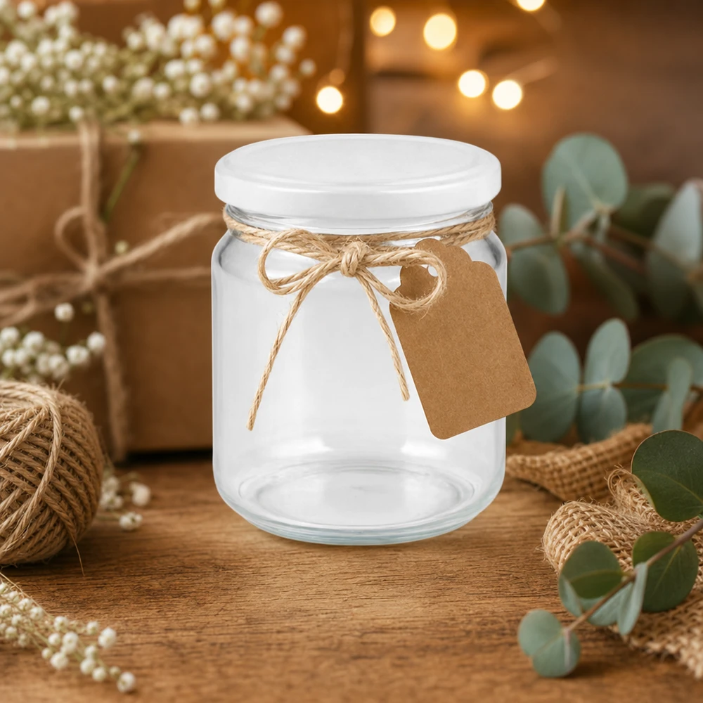 212 ml ronde pot met BasicSeal deksel wit UNiTWIST Ronde UNiTWIST-pot van 212 ml met wit BasicSeal-deksel versierd met jutekoord en cadeaulabel Cadeau-idee