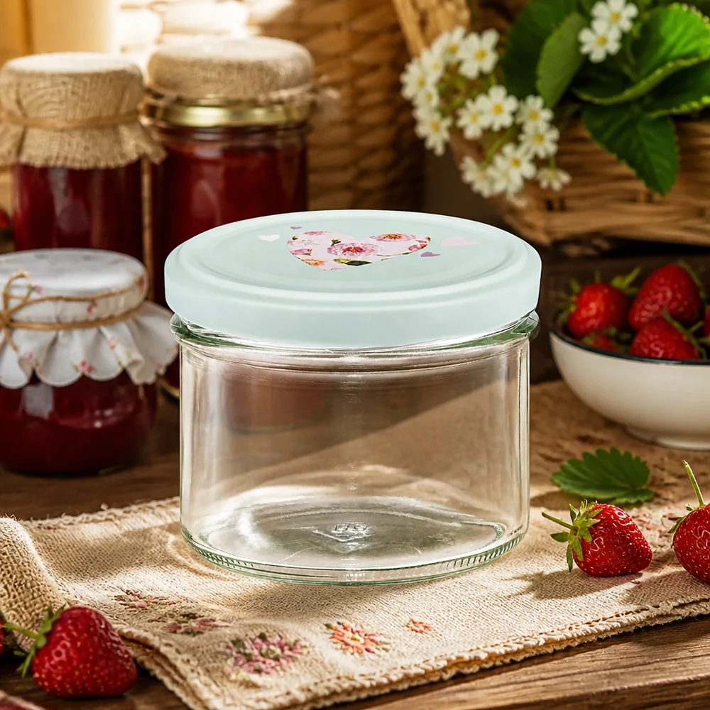 Glazen van 225 ml + BasicSeal-deksel met munt hart UNiTWIST Lege bekers van 225 ml met mint BasicSeal hartdeksel voor een rustiek jampottafereel met aardbeien