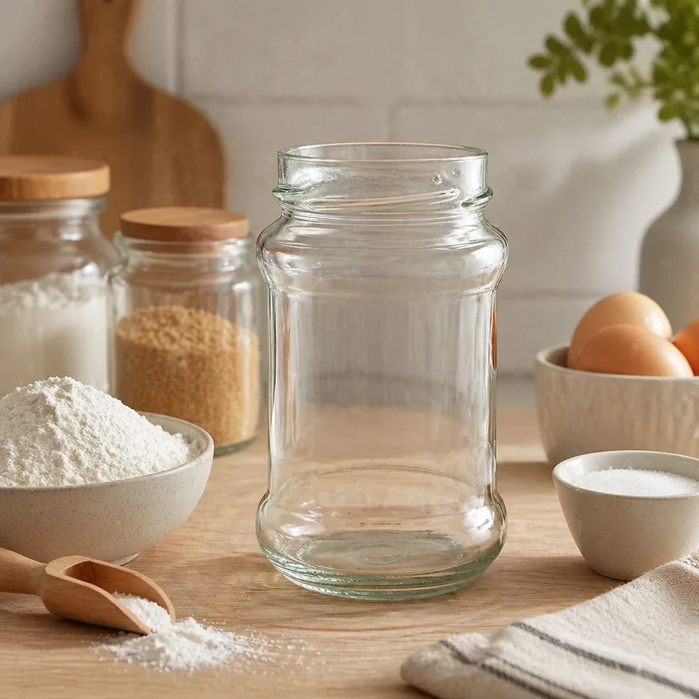 390ml rond glas zonder deksel (TO66deep) UNiTWIST UNiTWIST Runda390 ronde pot 390ml TO66deep lege inmaakpot op houten plank in keuken met bakingrediënten en eieren