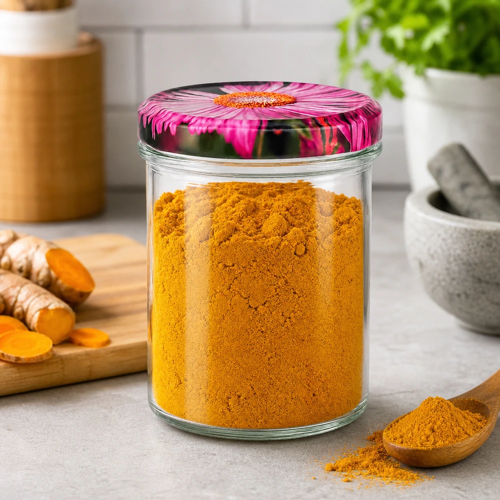 350ml bekers met BasicSeal deksel Bloemen decor UNiTWIST Voorraadpot 350ml met gerberadeksel gevuld met kurkumapoeder naast verse kurkumawortels in keukensfeer