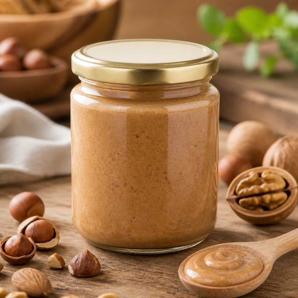 Rond glas van 275 ml + BasicSeal-deksel goud UNiTWIST 275 ml UniTwist-bewaarpot BasicSeal goud voor romige smeersels, notenpasta en tahini op een houten ondergrond