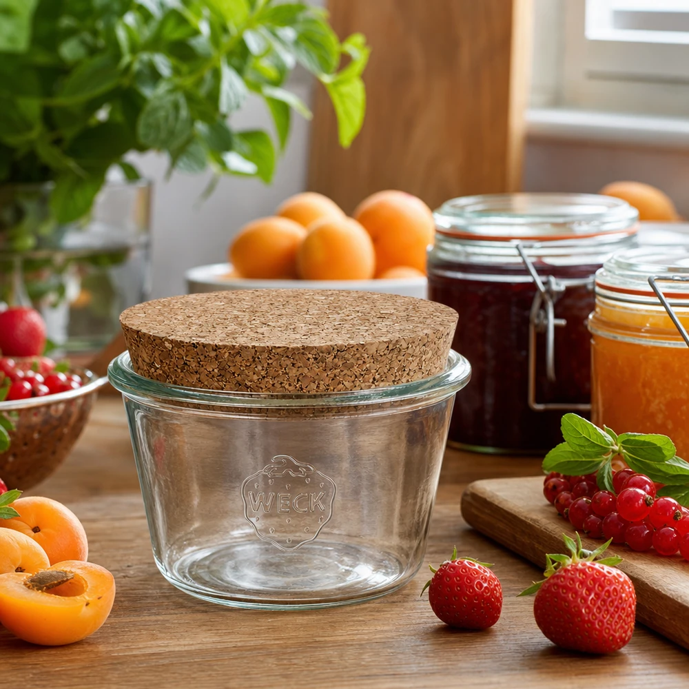 WECK RR100 bekers 370ml kurkdeksel in keukenscène met vers fruit en jampotten op houten tafel