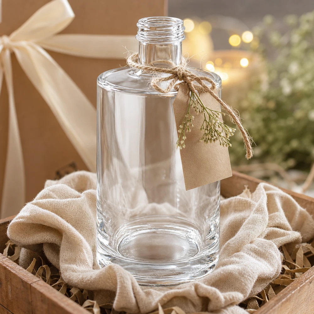 375 ml glazen fles Sam zonder schroefsluiting UNiTWIST® 375 ml glazen fles Sam leeg in geschenkverpakking met lint en label decoratief gepresenteerd als een cadeauset