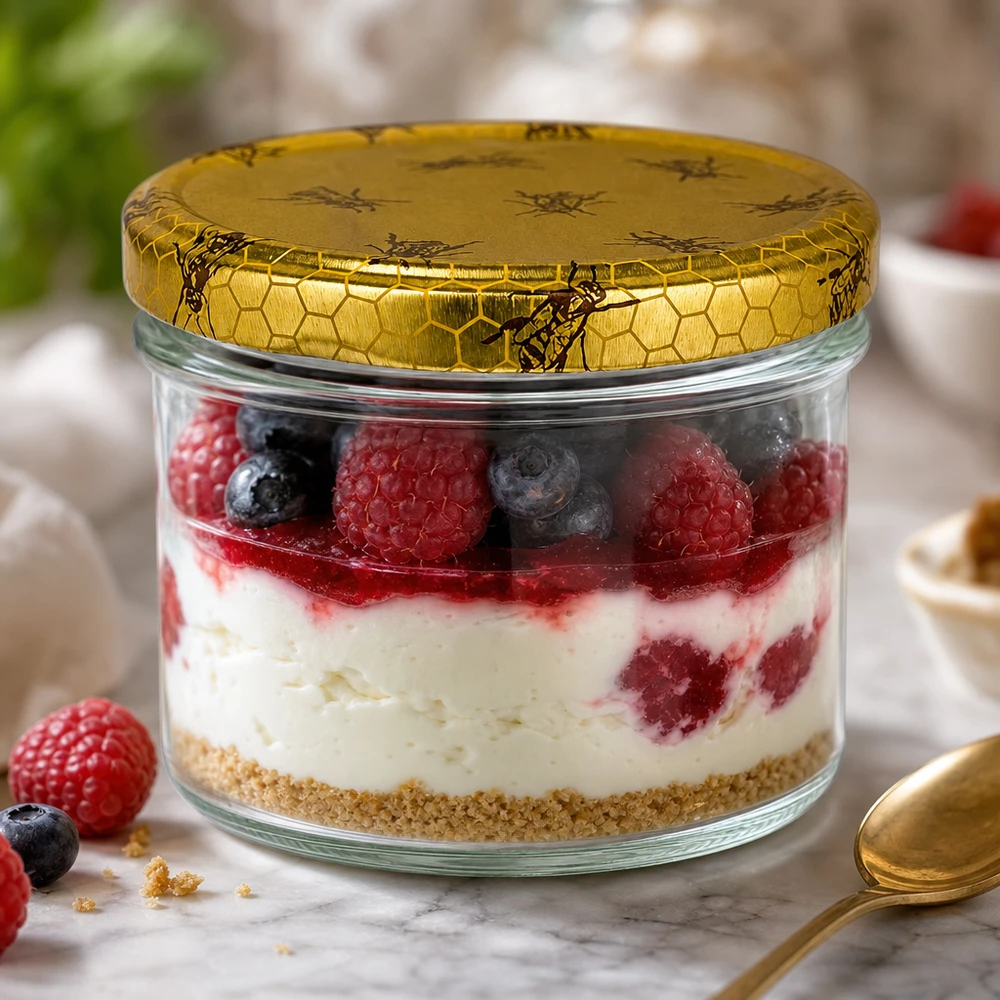 225ml bekers met BasicSeal deksel Honingraat UNiTWIST Dessert parfait in 225ml pot BasicSeal honingraat deksel met bessen Yoghurt gelaagd dessert Dessert pot