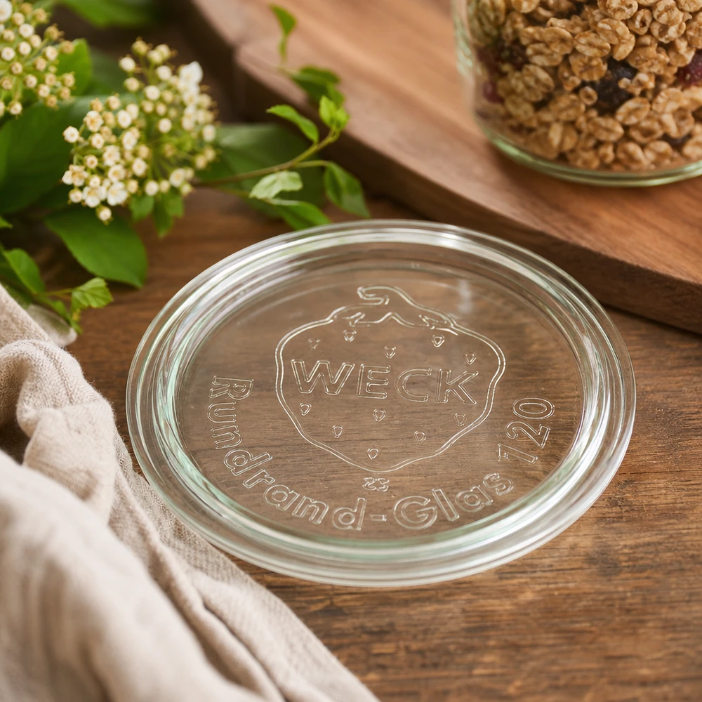 WECK glazen deksel RR120 WECK glazen deksel RR120 Close-up met reliëflogo op houten achtergrond naast walnoten en witte bloemen