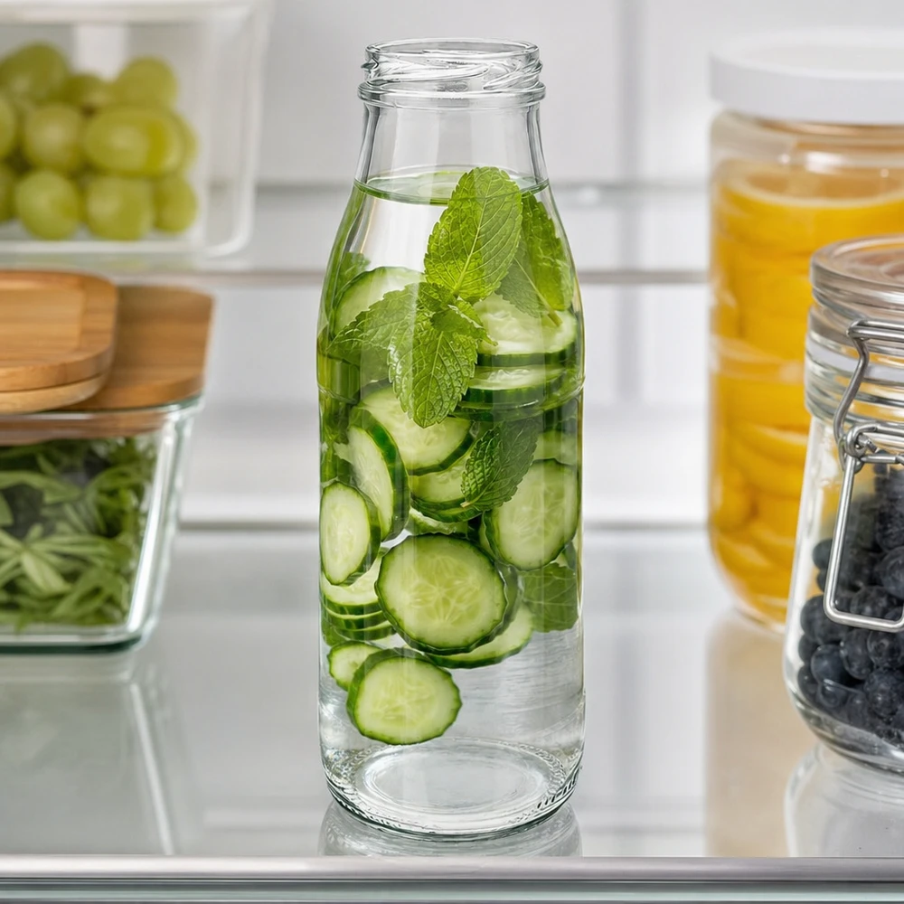 500ml fles zonder deksel (TO48) UNiTWIST 500ml Glasflasche TO48 UNiTWIST mit Gurkenscheiben und Minze als Infused Water im modernen Kühlschrank