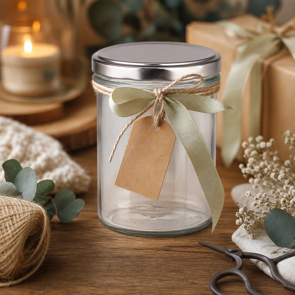 350ml bekers met BasicSeal deksel zilver UNiTWIST 350ml bekers met BasicSeal deksel zilver als geschenkverpakking met strik en label Decoratief knutselidee