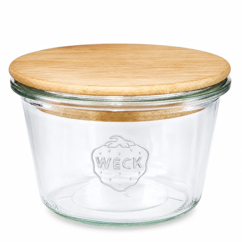 370ml WECK RR100 inmaakpot met houten deksel - ronde glazen inmaakpot met bamboe deksel voor de keuken