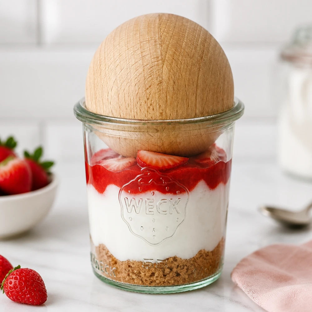 140ml stortglas WECK RR60 met houten bal WECK Sturzglas 140ml RR60 als Dessertglas mit Erdbeeren und Sahne, Holzkugel aus Buche als stilvoller Deckel