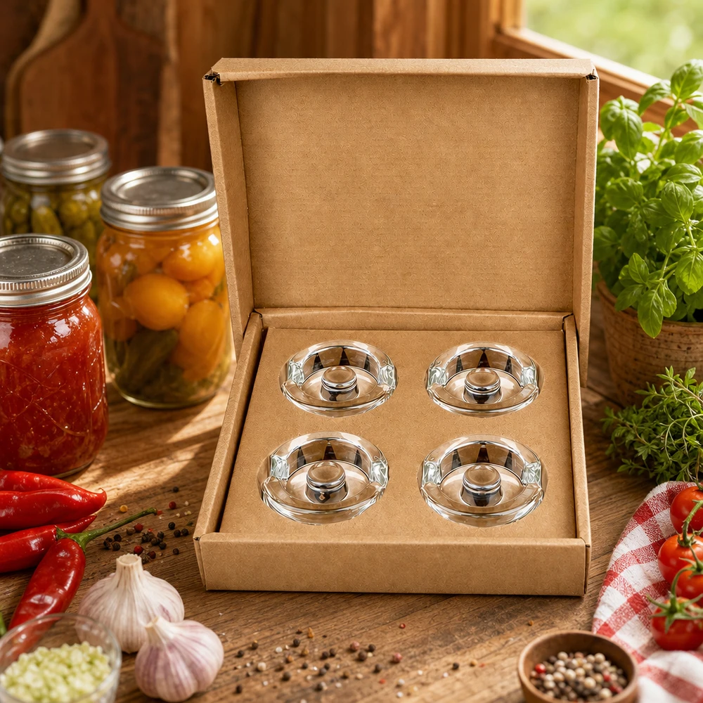 Fermentatieglasgewichten met verzonken greep, set van 4 Fermentier-Glasgewichte UNiTWIST 4er Set in Geschenkbox umgeben von frischen Kräutern Tomaten und Einmachgläsern