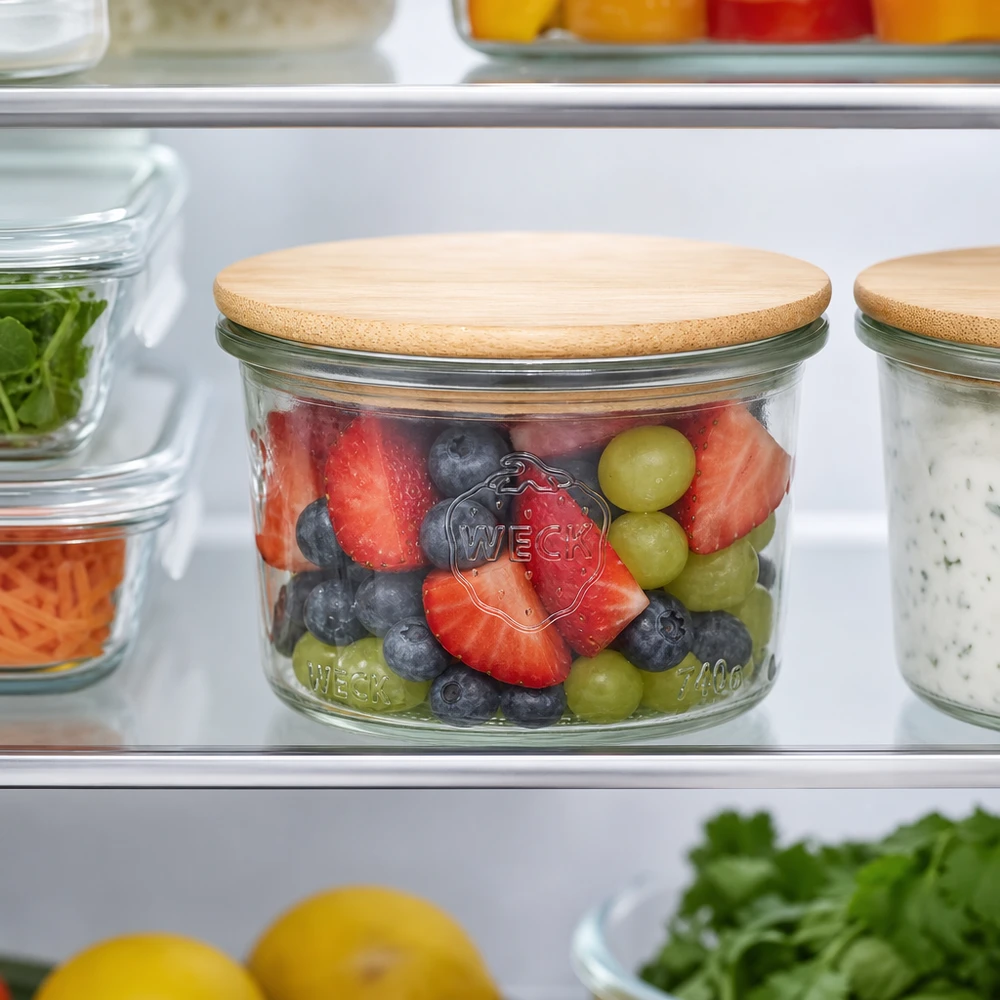 200ml stortglas WECK RR80 met hout deksel WECK beker 200ml RR80 met bamboe deksel gevuld met kleurrijke fruitsalade in de koelkast voor het optimaal bewaren van voedsel.