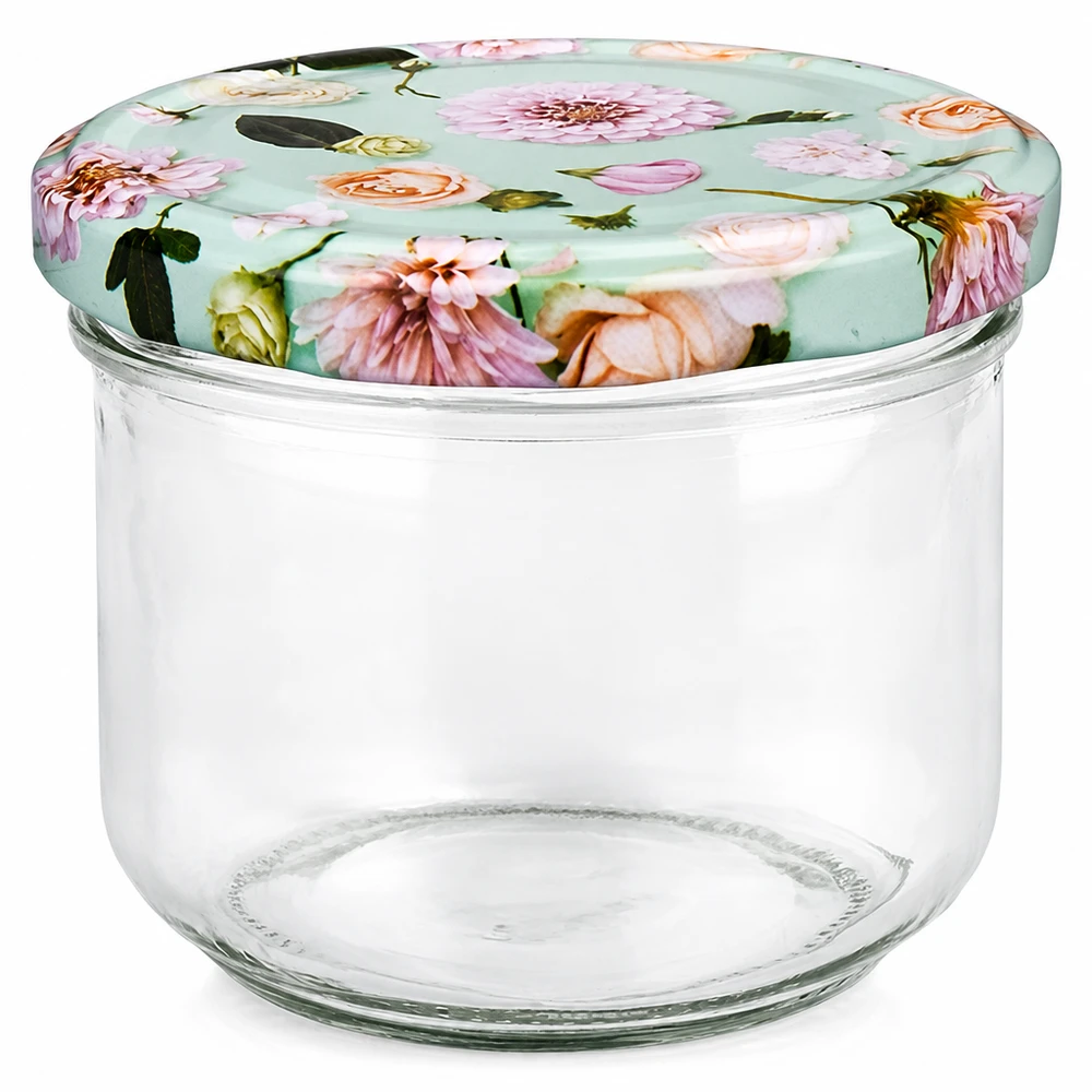 260 ml beker met BasicSeal deksel in mint met bloemmotief, lege inmaakpot voor jam en conserven