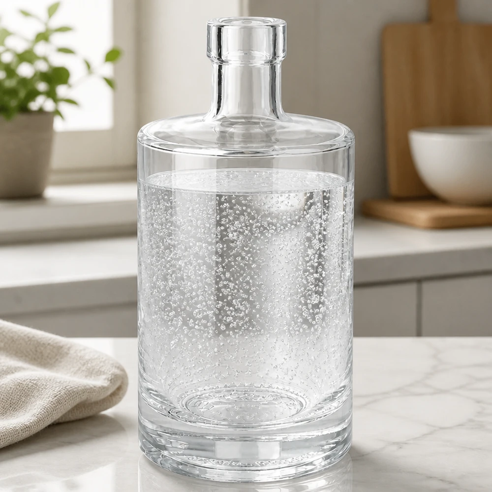 500 ml glazen fles Marie zonder sluiting UNiTWIST® Glazen Marie-fles van 500 ml gevuld met bruisend mineraalwater op een marmeren werkblad in een moderne keuken
