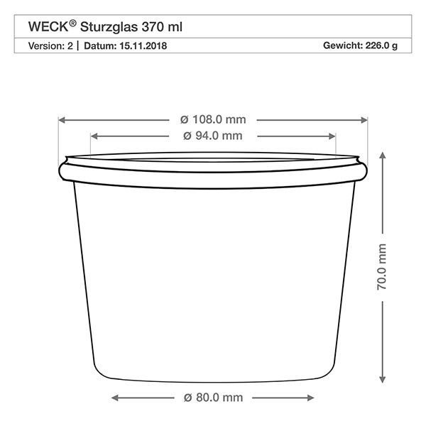 WECK RR100-pot van 370 ml met glazen deksel WECK beker 370ml RR100 technische tekening afmetingen afmetingen 108mm diameter 70mm hoogte productspecificatie