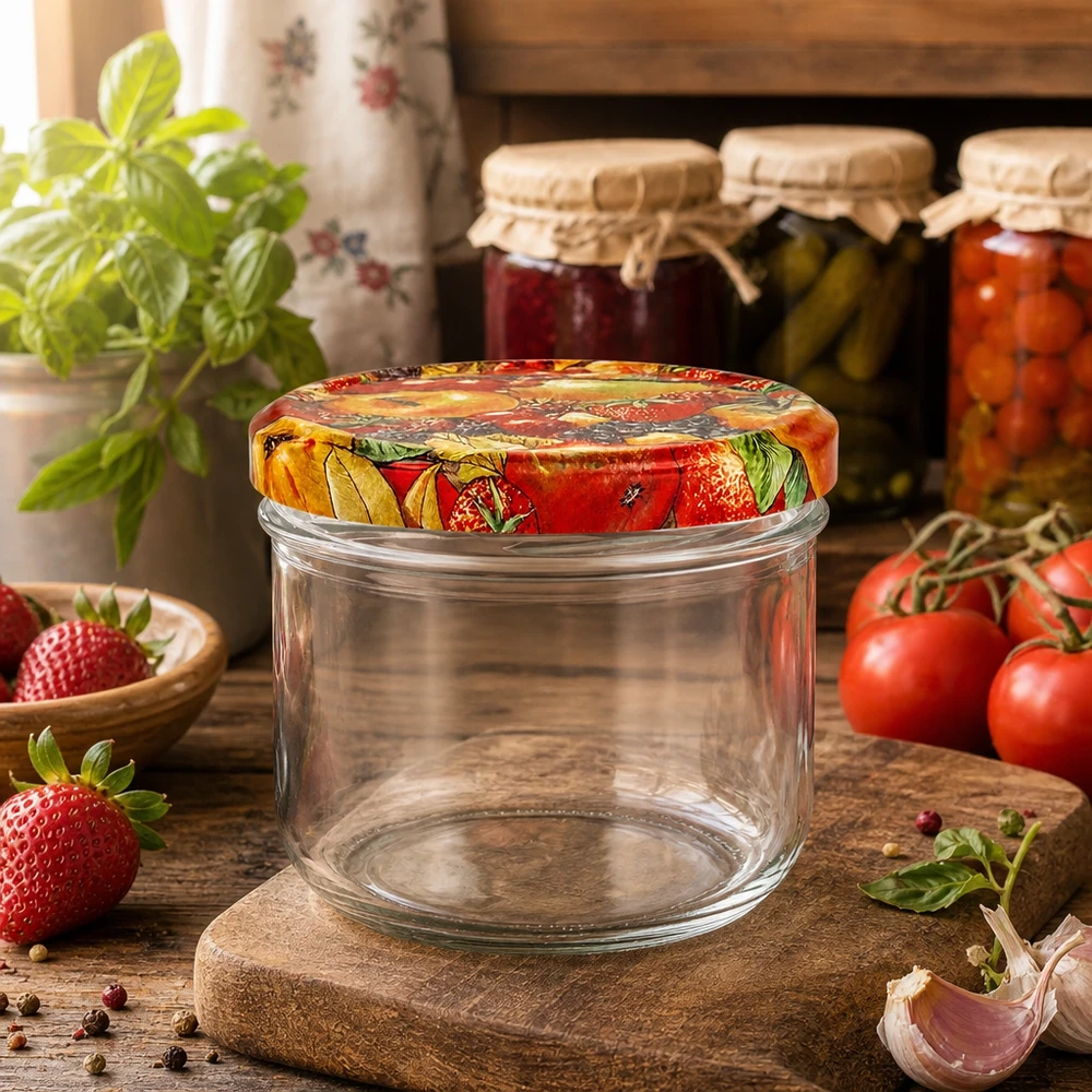 260ml bekers met BasicSeal deksel Fruit decor UNiTWIST Leeres 260ml Sturzglas mit dekorativem Obst-Deckel umgeben von frischen Tomaten und Erdbeeren in Küche