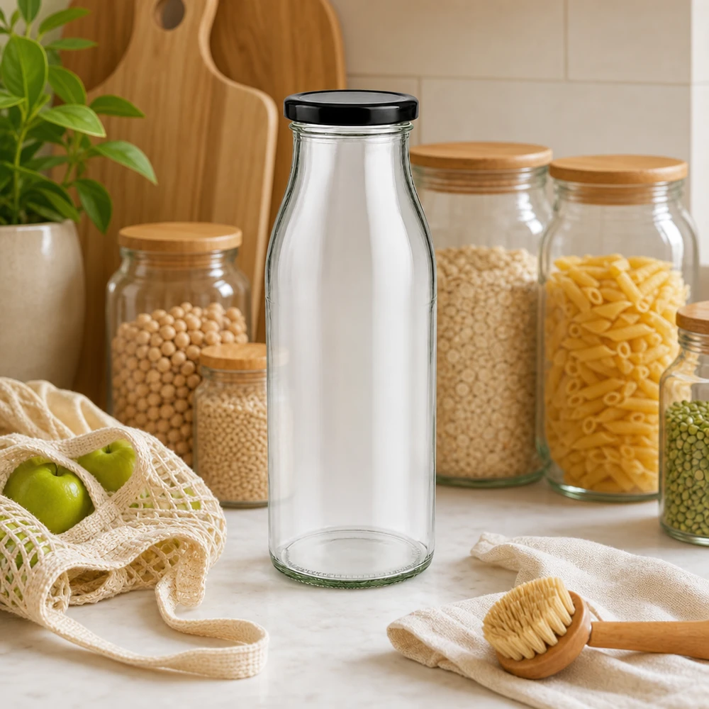 500ml fles met BasicSeal deksel zwart UNiTWIST Glazen fles van 500 ml met zwart deksel in zero-waste keuken met voorraadpotten en duurzame materialen