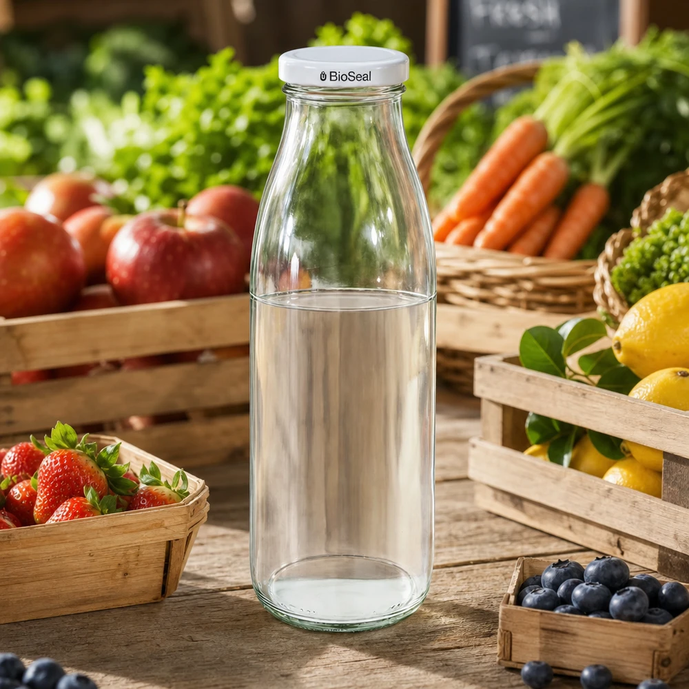 500ml fles met BioSeal deksel wit UNiTWIST 500ml Glasflasche mit BioSeal Deckel auf Marktstand zwischen frischem Obst und Gemüse, ideal für Säfte und Smoothies