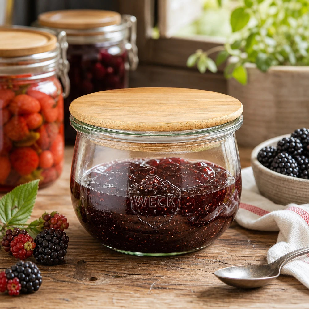 WECK tulpenpot RR100 580ml gevuld met bessenjam in rustieke keuken met verse bessen en houten lepel