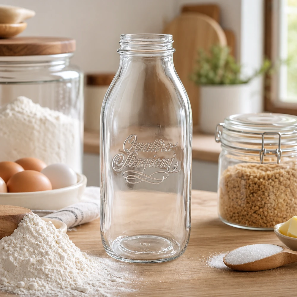 1000 ml glazen Quattro Stagioni breedmondfles in een rustieke keuken met kookingrediënten en voorraadpotten