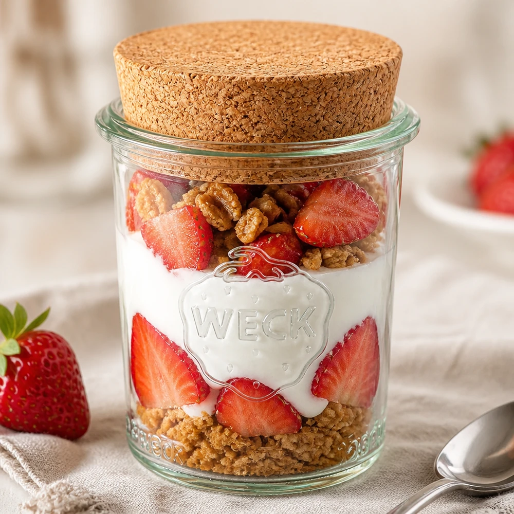 WECK 160ml RR60 pot gevuld met yoghurt aardbeien en noten als dessert in een pot met kurkdeksel