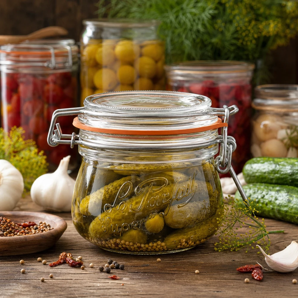 Le Parfait® pot 250 ml Ø70 mm voorraad 250 ml Le Parfait Super voorraadpot met draaidop gevuld met ingemaakte augurken op een houten tafel met kruiden