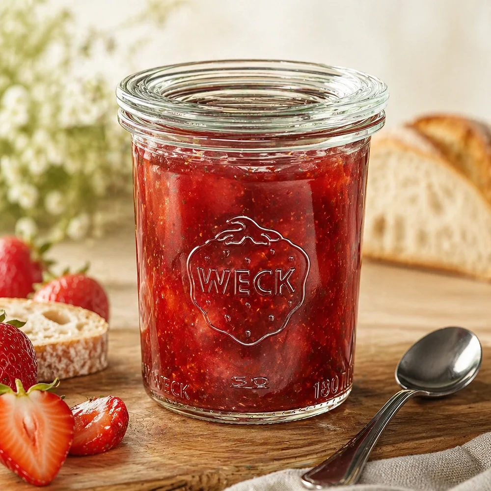 WECK RR60-pot van 160 ml met glazen deksel WECK RR60 160 ml mason jar met rode aardbeienjam en lepel, decoratief gerangschikt met brood en aardbeien