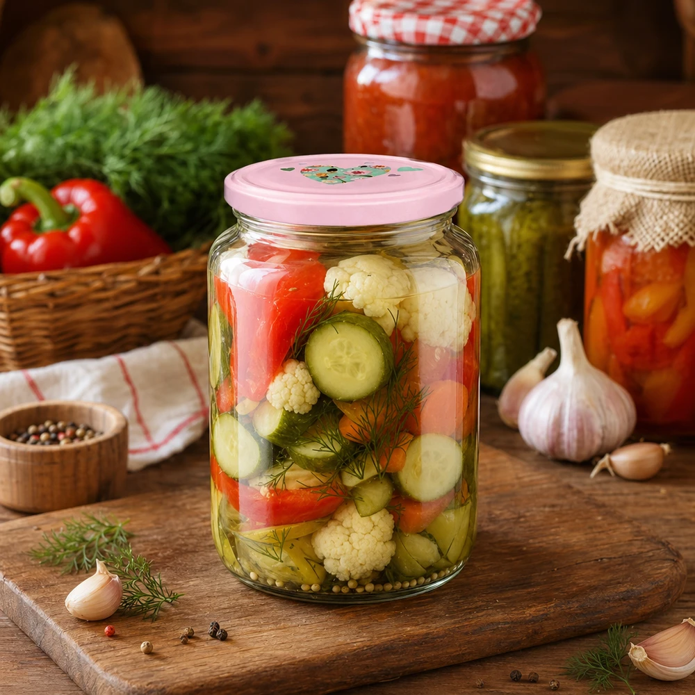 795 ml ronde pot + BasicSeal-deksel roze hart UNiTWIST Rundglas 795ml mit rosa Herzdeckel befüllt mit eingelegtem Gemüse Gurken Blumenkohl Paprika in rustikaler Küche