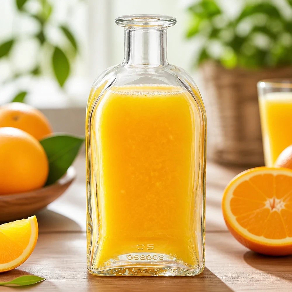 500 ml Apothekersfles Julia zonder sluiting UNiTWIST® 500ml Julia glazen fles gevuld met sinaasappelsap omringd door verse sinaasappels en sinaasappelschijfjes op een houten tafel