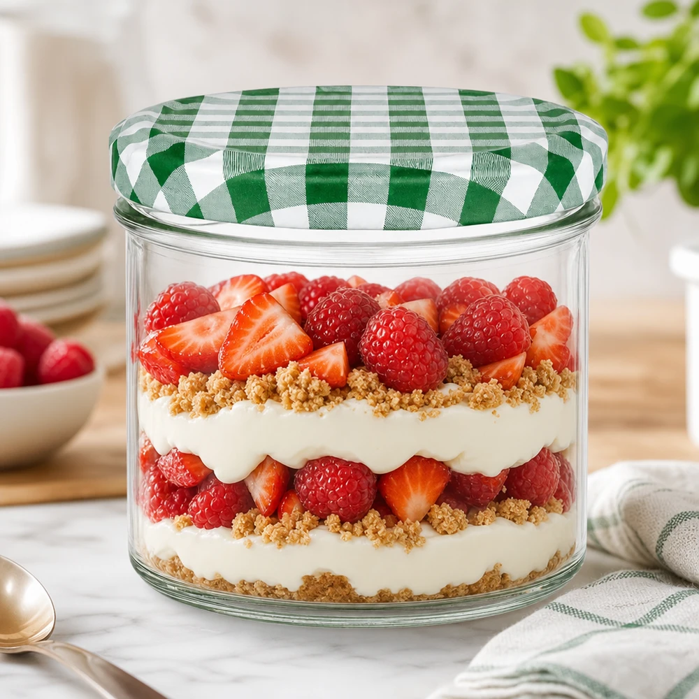 225ml bekers met BasicSeal deksel groen/wit UNiTWIST Trommels van 225 ml met groen en wit geruite deksels als dessertglas voor gelaagde desserts met bessen en room