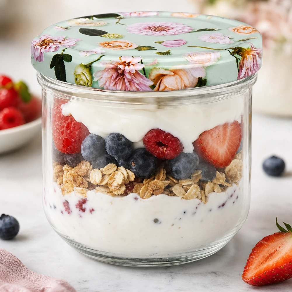 260 ml tumbler + BasicSeal-deksel met muntbloem UNiTWIST 260 ml bekers met bloemendeksels gevuld met yoghurtparfait en bessen als voorbeeld voor desserts
