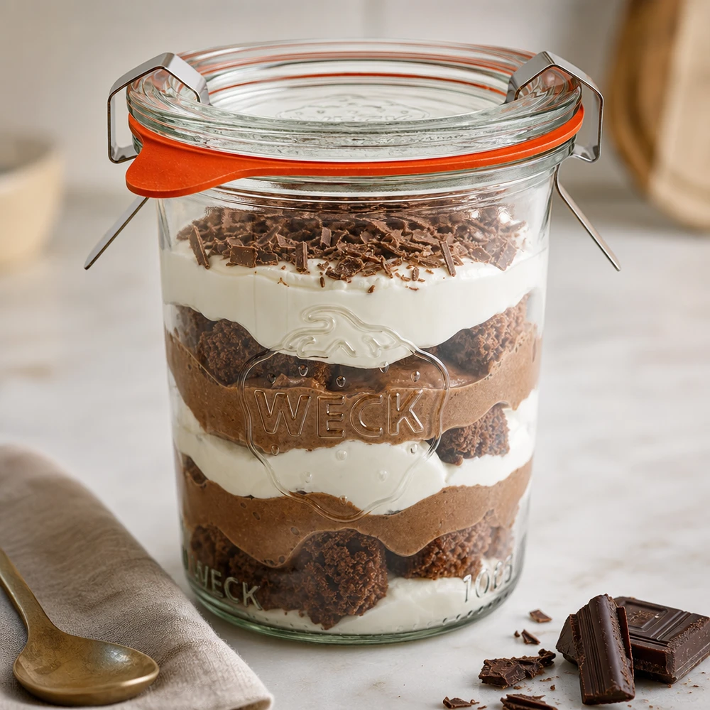 160ml stortglas compleet WECK RR60 WECK 160ml RR60 bekers gevuld met gelaagd dessert Tiramisu toont veelzijdig gebruik als dessertpotje