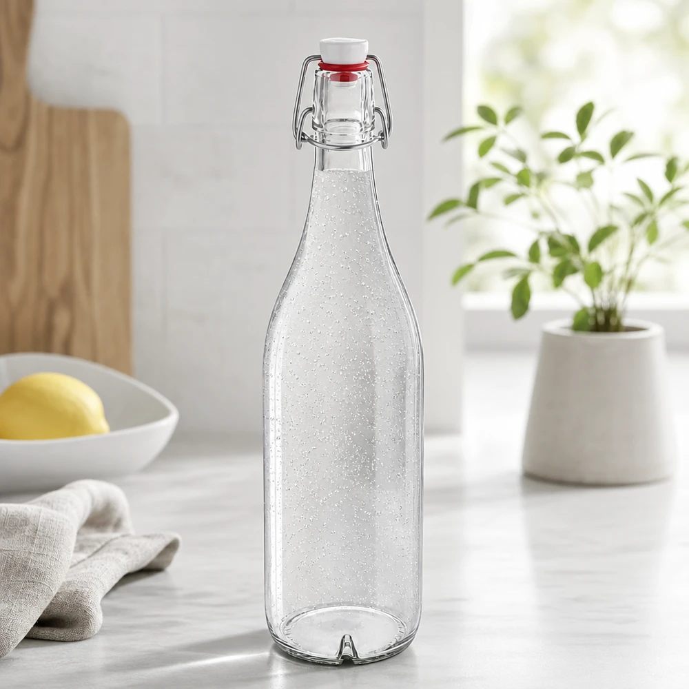 1000ml glazen fles + draaidop PVC UNiTWIST 1000ml glazen fles met draaidop PVC UNiTWIST gevuld met bruisend water in moderne keuken Lifestyle