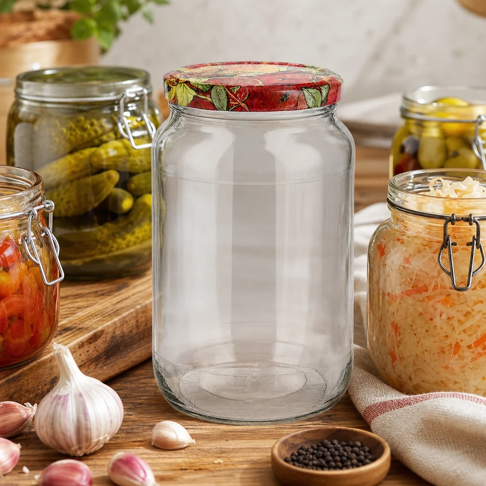 1062ml rond glas met BasicSeal deksel Fruit decor UNiTWIST 1062ml ronde pot leeg keukenscenario BasicSeal deksel fruit decor omringd door inmaakpotten knoflook peper houten plank