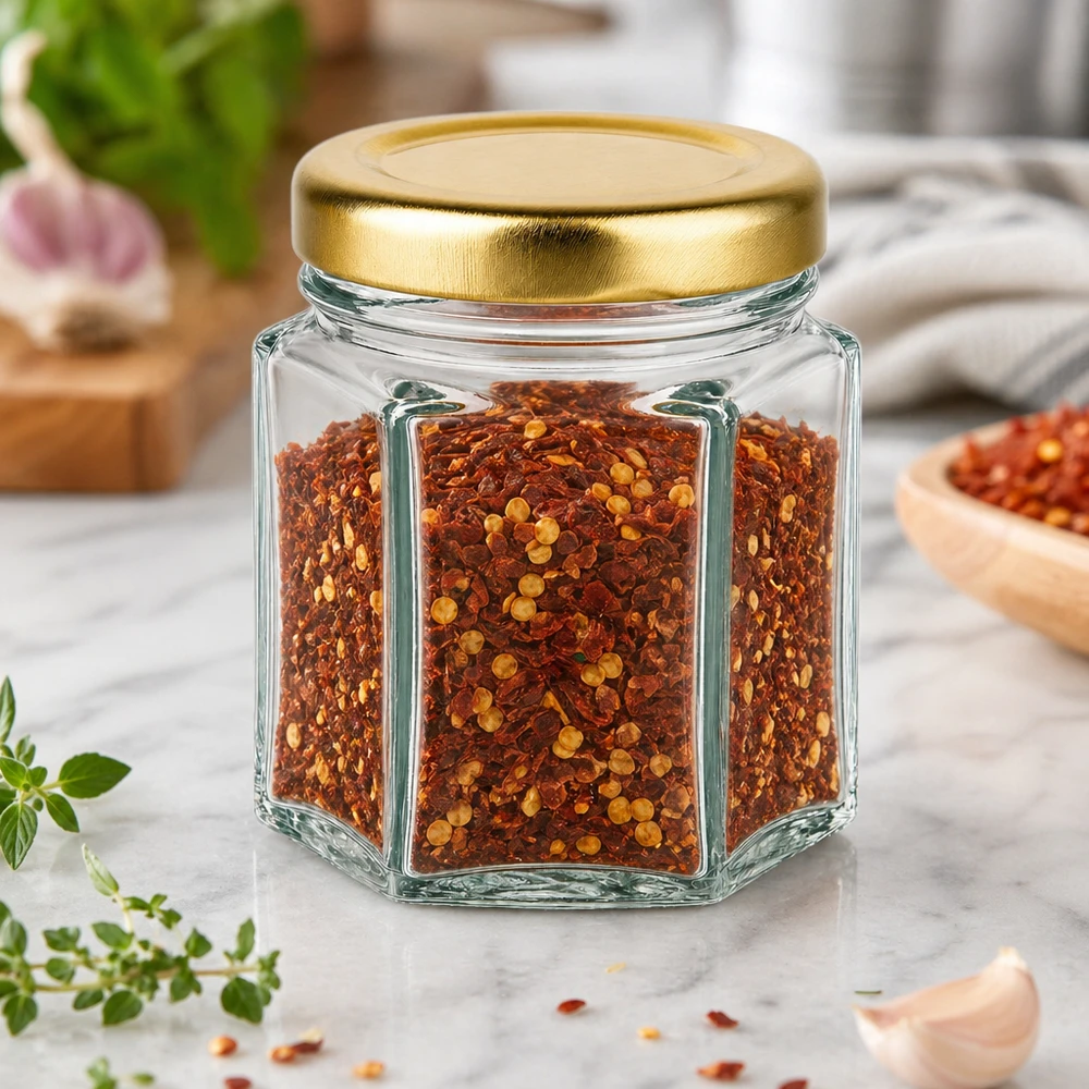 Honingpot 60 g met gouden deksel BasicSeal UNiTWIST 60g honingpot hexagonaal gevuld met chilivlokken op marmeren tafel met kruiden en gouden BasicSeal deksel