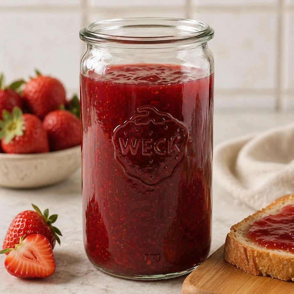 WECK 340 ml cilindervormige pot RR60 gevuld met aardbeienjam toont praktisch gebruik als inmaakpot in de keuken