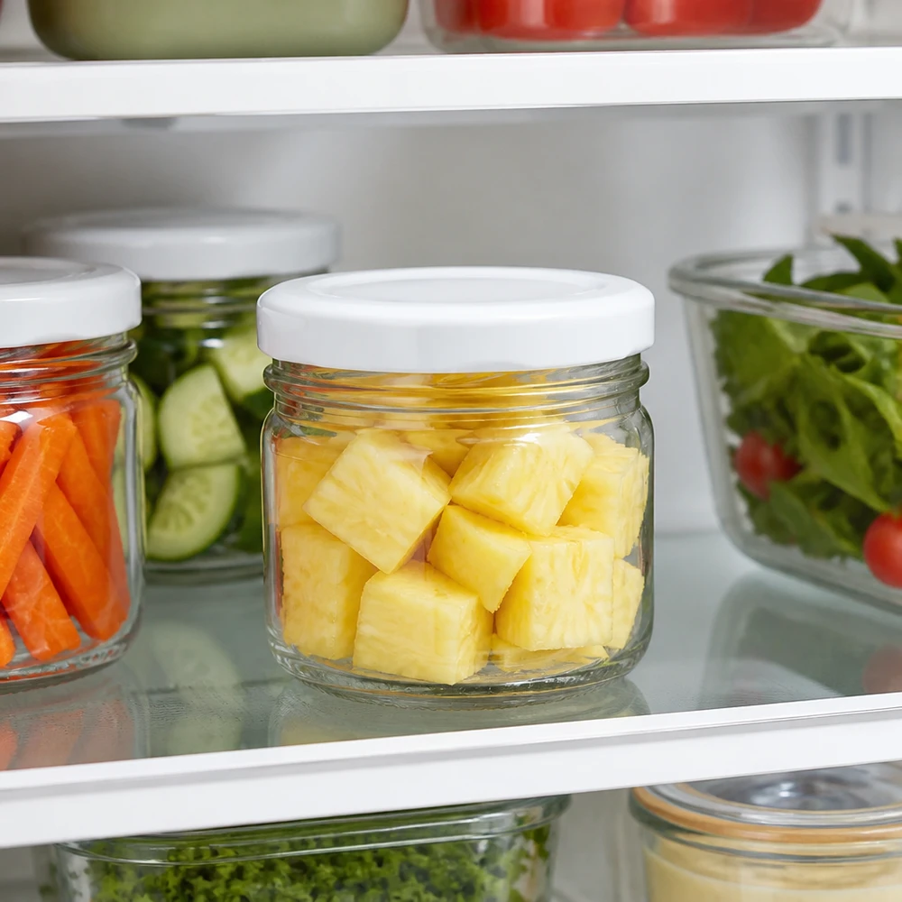 33 ml rond glazen potje + BasicSeal-deksel, wit, UNiTWIST Meal Prep-potje 33 ml UNiTWIST met witte BasicSeal-deksel voor porties fruit in de koelkast
