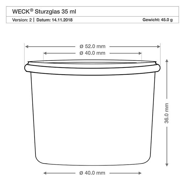 35ml stortglas WECK RR40 met kurk WECK beker RR40 35ml technische tekening met afmetingen Diameter 40mm Hoogte 36mm Gewicht 45g Specificatie