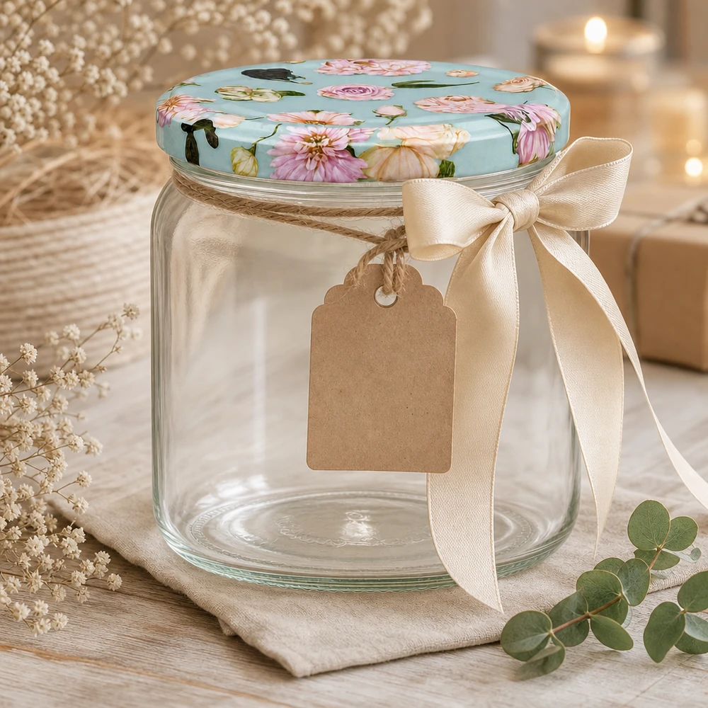 425ml ronde pot met BasicSeal deksel bloem mint als cadeau - lege voorraadpot met strik en cadeaulabel