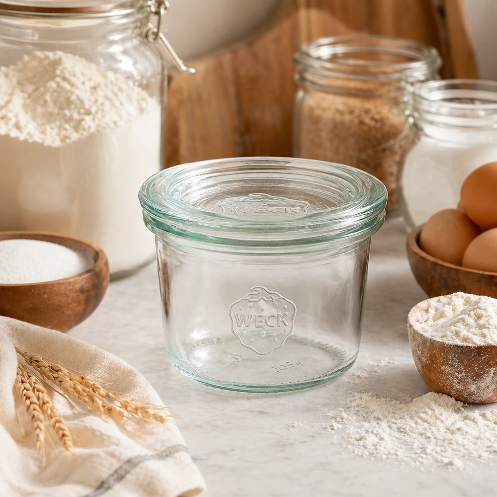 WECK RR60-pot van 80 ml met glazen deksel WECK beker 80ml RR60 in keuken met bakingrediënten bloem eieren en granen voor opslag en conservering