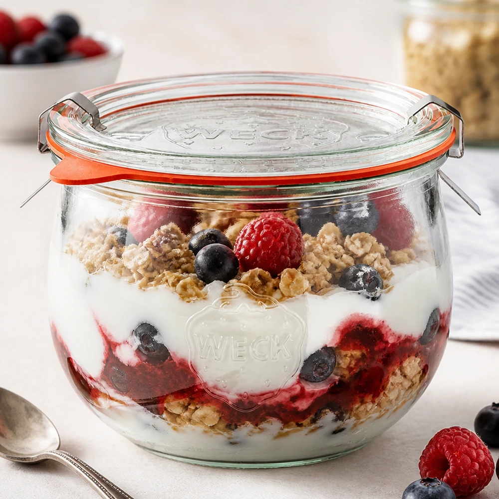 580ml tulpenglas compleet WECK RR100 WECK tulp pot 580ml RR100 als een parfait pot met yoghurt, bessen en granola, perfect voor desserts en ontbijt