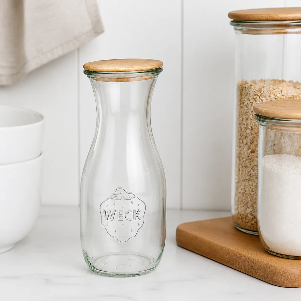 530ml sapflessen WECK RR60 met hout deksel WECK glazen fles 530ml RR60 leeg met houten deksel op wit werkblad naast opgestapelde voorraadpotten Scandinavisch