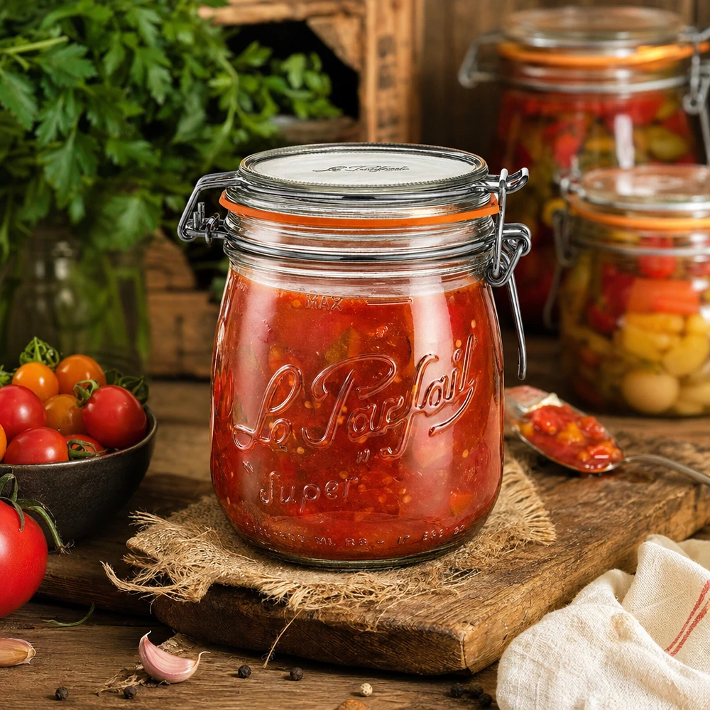 Le Parfait® pot 750 ml Ø85 mm voorraad 750ml Le Parfait Super voorraadpot met draaidop gevuld met tomatensaus op een rustieke houten tafel
