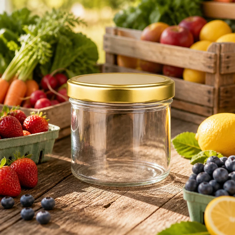 230ml cylinder pot leeg met gouden deksel tussen vers fruit en groenten op houten tafel jampot
