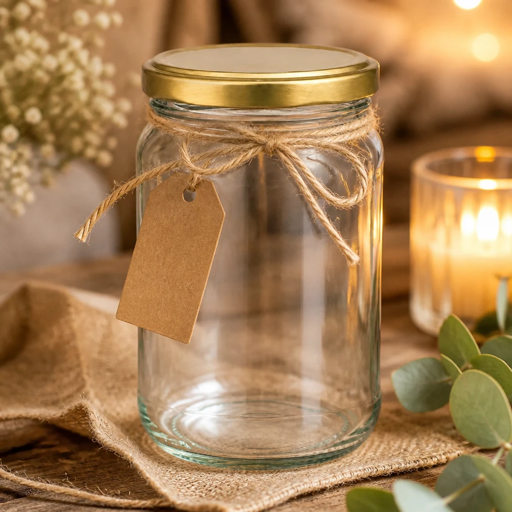 305ml rond glas met BasicSeal deksel goud UNiTWIST 305 ml ronde pot met gouden deksel decoratief met kraftpapier label en jute koord als geschenkverpakking