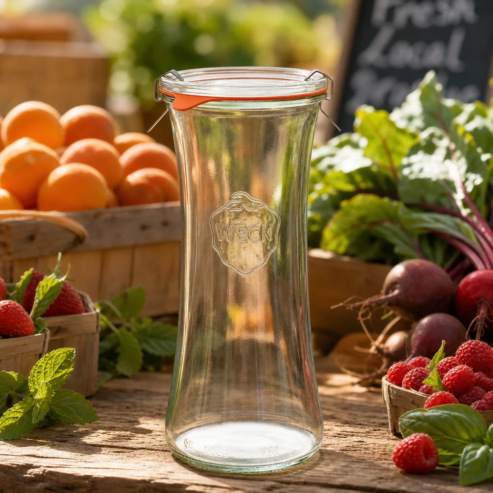 700ml delicatessenglas compleet WECK RR40 WECK Delikatessenglas 700ml RR80 leer auf Holztisch mit frischen Beeren, Orangen und Gemüse in natürlicher Gartenszene