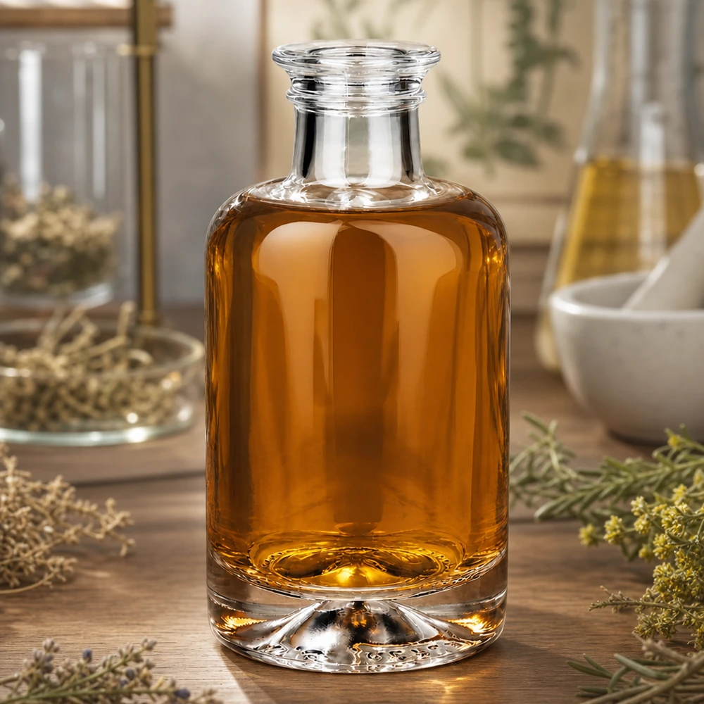 100 ml apothekersfles Sofia zonder sluiting UNiTWIST® 100ml Glasflasche Sofia mit bernsteinfarbenem Öl in natürlicher Kräuter-Deko-Szene auf Holzuntergrund