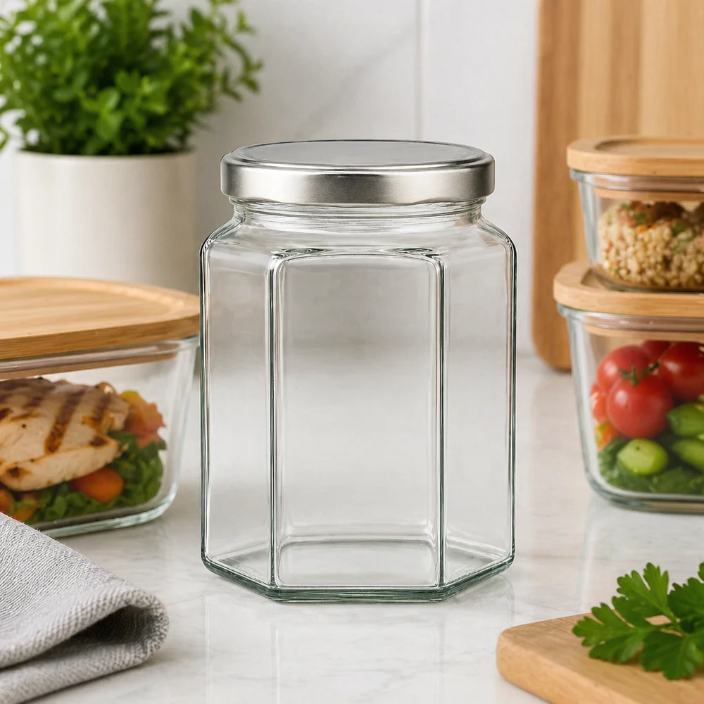 288ml hexaglas met BasicSeal deksel zilver UNiTWIST 288 ml hexapot met zilveren deksel, in de keuken geplaatst tussen voorraadpotten en voorraadpotten