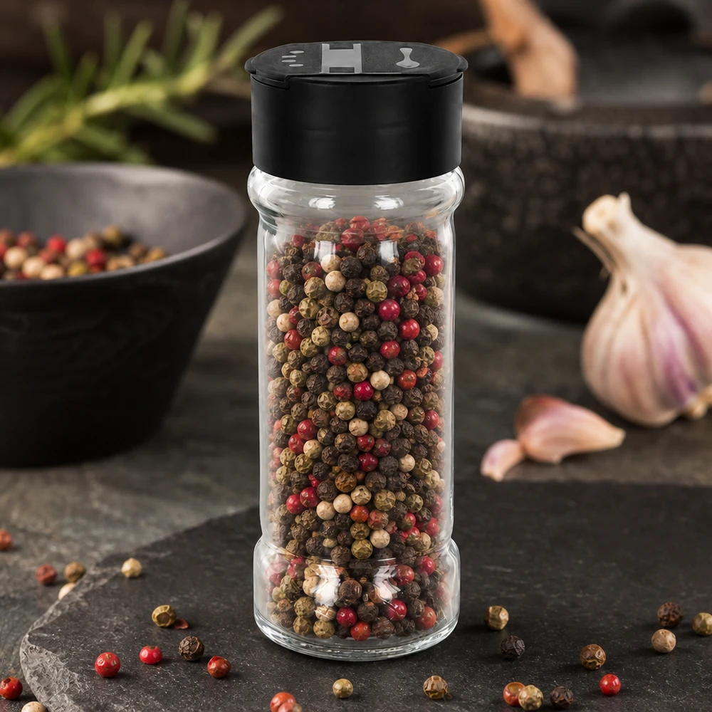 Zout-/kruidenpotje 100 ml met dubbele strooier, zwart Compact kruidenpotje van 100 ml met rode, zwarte en witte peper op een leisteenplaatje